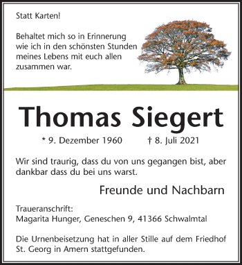 Traueranzeige von Thomas Siegert von trauer.extra-tipp-moenchengladbach.de