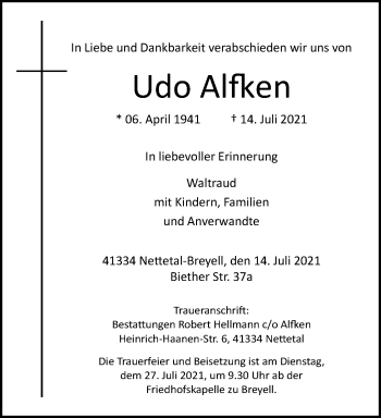 Traueranzeige von Udo Alfken von trauer.extra-tipp-moenchengladbach.de