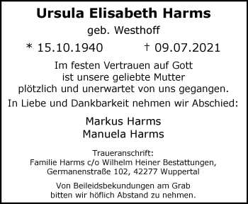 Traueranzeige von Ursula Elisabeth Harms von trauer.wuppertaler-rundschau.de