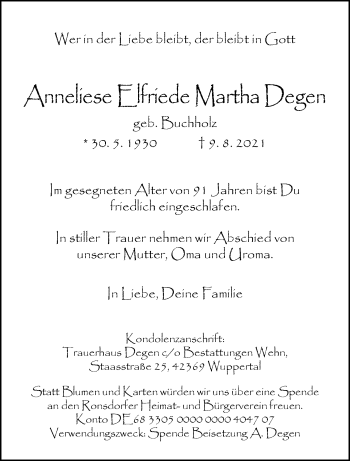 Traueranzeige von Anneliese Elfriede Martha Degen von trauer.wuppertaler-rundschau.de