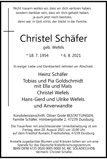 Traueranzeige von Christel Schäfer von trauer.mein.krefeld.de