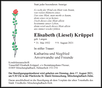 Traueranzeige von Elisabeth  Krüppel von trauer.extra-tipp-moenchengladbach.de