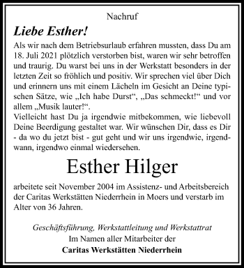 Traueranzeige von Esther Hilger von trauer.mein.krefeld.de