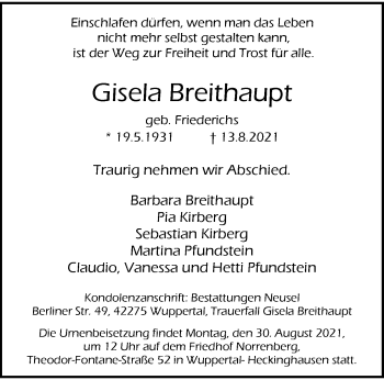 Traueranzeige von Gisela Breithaupt von trauer.wuppertaler-rundschau.de