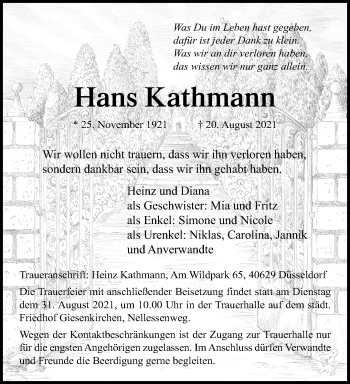 Traueranzeige von Hans Kathmann von trauer.extra-tipp-moenchengladbach.de