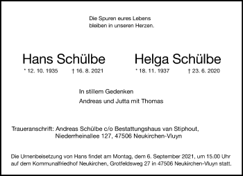 Traueranzeige von Hans und Helga Schülbe von trauer.mein.krefeld.de