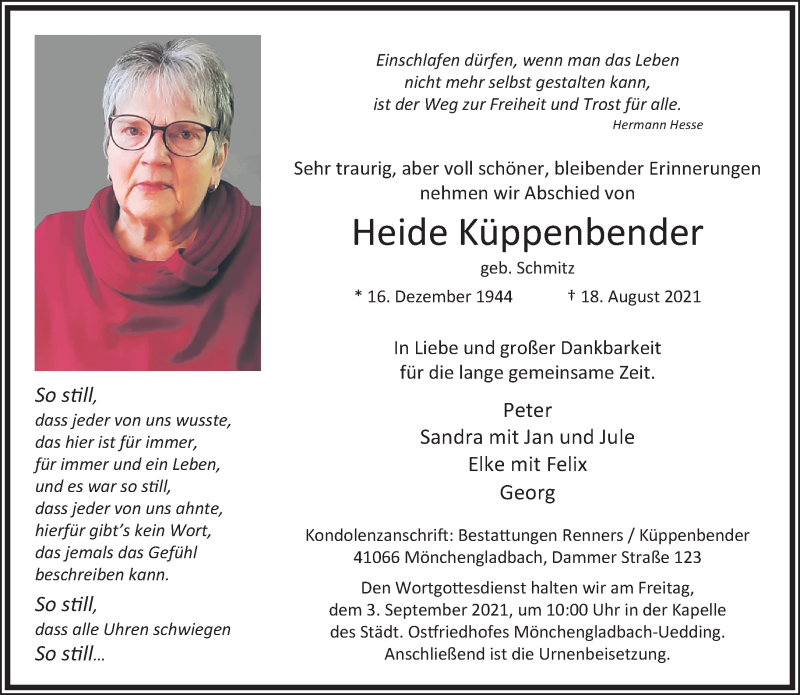  Traueranzeige für Heide Küppenbender vom 29.08.2021 aus trauer.extra-tipp-moenchengladbach.de