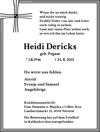 Traueranzeige von Heidi Dericks von trauer.extra-tipp-moenchengladbach.de