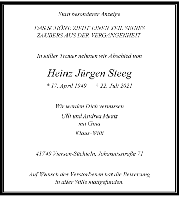 Traueranzeige von Heinz Jürgen Steeg von trauer.extra-tipp-moenchengladbach.de