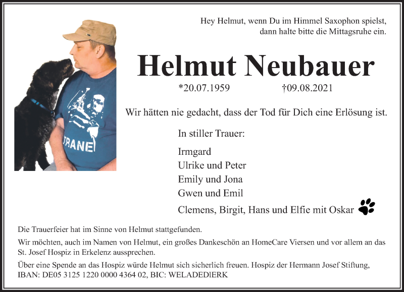  Traueranzeige für Helmut Neubauer vom 15.08.2021 aus trauer.extra-tipp-moenchengladbach.de