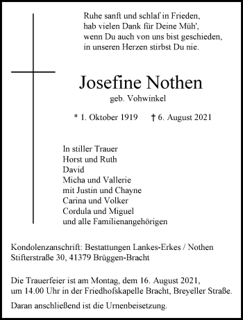 Traueranzeige von Josefine Nothen von trauer.extra-tipp-moenchengladbach.de