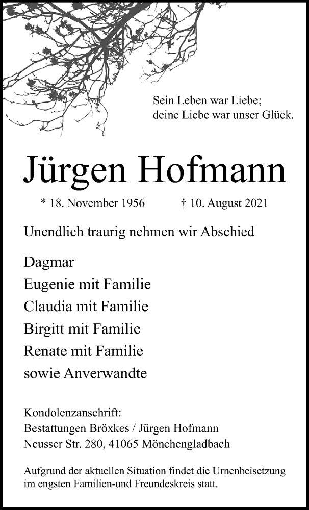  Traueranzeige für Jürgen Hofmann vom 22.08.2021 aus trauer.extra-tipp-moenchengladbach.de