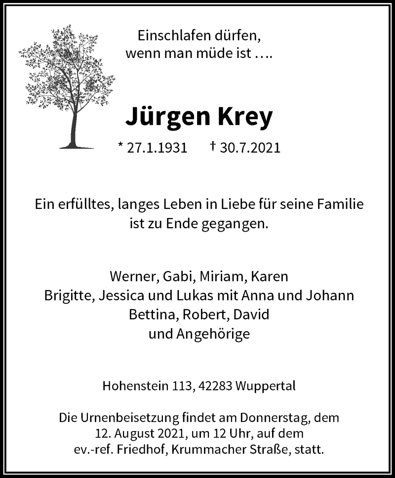  Traueranzeige für Jürgen Krey vom 07.08.2021 aus trauer.wuppertaler-rundschau.de