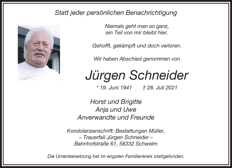  Traueranzeige für Jürgen Schneider vom 14.08.2021 aus trauer.wuppertaler-rundschau.de