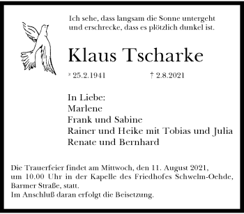 Traueranzeige von Klaus Tscharke von trauer.wuppertaler-rundschau.de