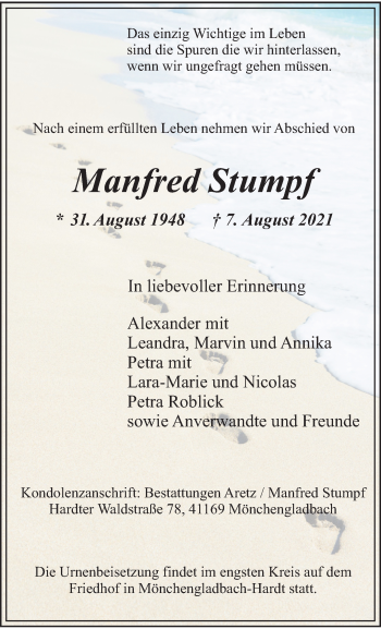 Traueranzeige von Manfred Stumpf von trauer.extra-tipp-moenchengladbach.de