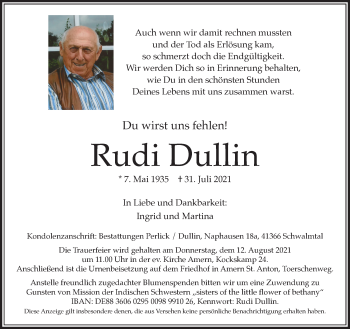 Traueranzeige von Rudi Dullin von trauer.extra-tipp-moenchengladbach.de