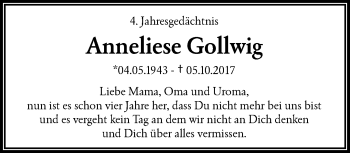 Traueranzeige von Anneliese Gollwig von trauer.wuppertaler-rundschau.de