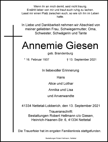 Traueranzeige von Annemie Giesen von trauer.extra-tipp-moenchengladbach.de