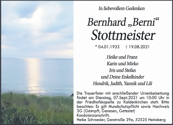 Traueranzeige von Bernhard Stottmeister von trauer.extra-tipp-moenchengladbach.de