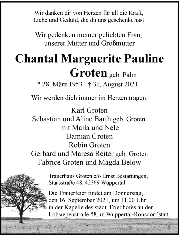 Traueranzeige für Chantal Marguerite Pauline Groten vom 11.09.2021 aus trauer.wuppertaler-rundschau.de