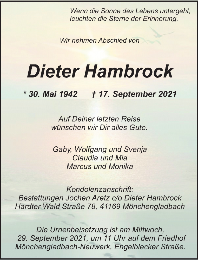  Traueranzeige für Dieter Hambrock vom 26.09.2021 aus trauer.extra-tipp-moenchengladbach.de