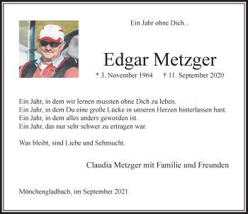 Traueranzeige von Edgar Metzger von trauer.extra-tipp-moenchengladbach.de