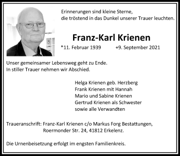 Traueranzeige von Franz-Karl Krienen von trauer.extra-tipp-moenchengladbach.de