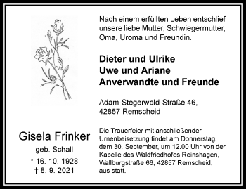 Traueranzeige von Gisela Frinker von trauer.wuppertaler-rundschau.de