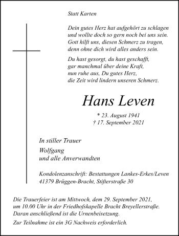 Traueranzeige von Hans Leven von trauer.extra-tipp-moenchengladbach.de