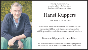 Traueranzeige von Hansi Küppers von trauer.extra-tipp-moenchengladbach.de