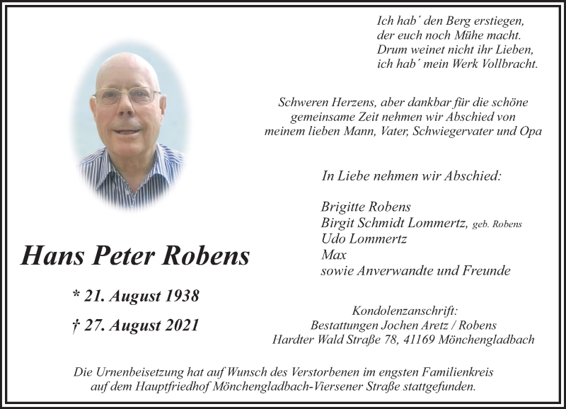  Traueranzeige für Hans Peter Robens vom 12.09.2021 aus trauer.extra-tipp-moenchengladbach.de