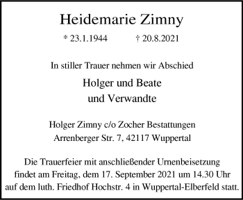 Traueranzeige von Heidemarie Zimny von trauer.wuppertaler-rundschau.de