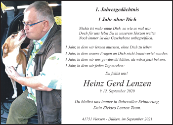 Traueranzeige von Heinz Gerd Lenzen von trauer.extra-tipp-moenchengladbach.de