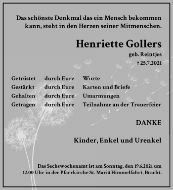 Traueranzeige von Henriette Gollers von trauer.extra-tipp-moenchengladbach.de