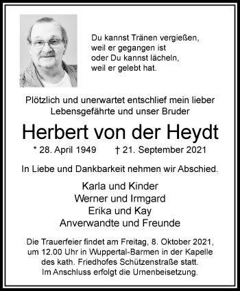 Traueranzeige von Herbert von der Heydt von trauer.wuppertaler-rundschau.de