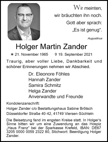 Traueranzeige von Holger Martin Zander von trauer.extra-tipp-moenchengladbach.de