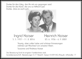 Traueranzeige von Ingrid und Heinrich Kaiser von trauer.extra-tipp-moenchengladbach.de