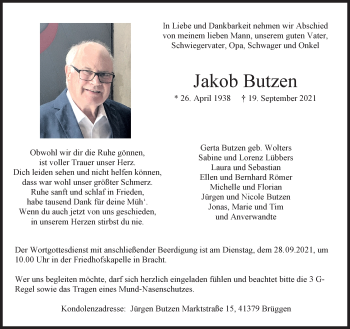 Traueranzeige von Jakob Butzen von trauer.extra-tipp-moenchengladbach.de