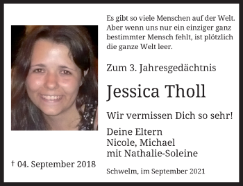 Traueranzeige von Jessica Tholl von trauer.wuppertaler-rundschau.de