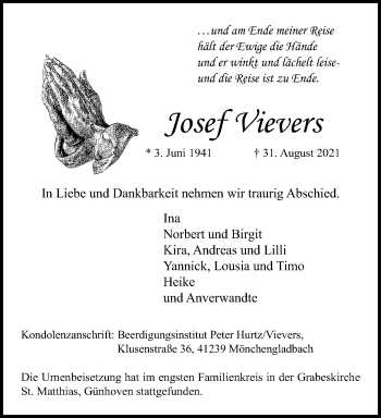 Traueranzeige von Josef Vievers von trauer.extra-tipp-moenchengladbach.de