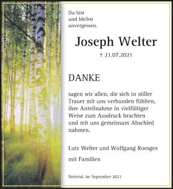 Traueranzeige von Joseph Welter von trauer.extra-tipp-moenchengladbach.de