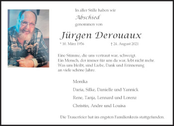 Traueranzeige von Jürgen Derouaux von trauer.extra-tipp-moenchengladbach.de