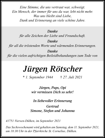 Traueranzeige von Jürgen Rötscher von trauer.extra-tipp-moenchengladbach.de
