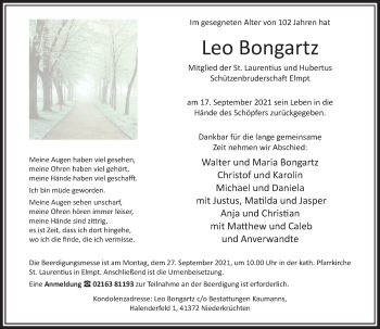 Traueranzeige von Leo Bongartz von trauer.extra-tipp-moenchengladbach.de