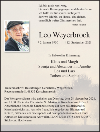 Traueranzeige von Leo Weyerbrock von trauer.extra-tipp-moenchengladbach.de