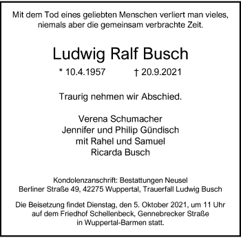 Traueranzeige von Ludwig Ralf Busch von trauer.wuppertaler-rundschau.de