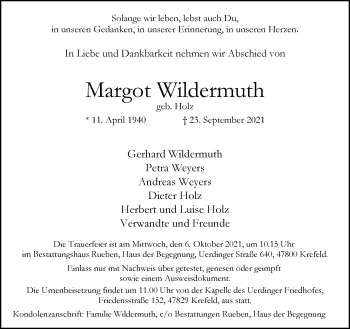 Traueranzeige von Margot Wildermuth von trauer.mein.krefeld.de