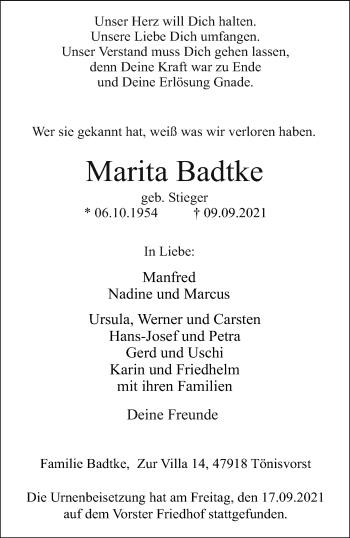 Traueranzeige von Marita Badtke von trauer.extra-tipp-moenchengladbach.de