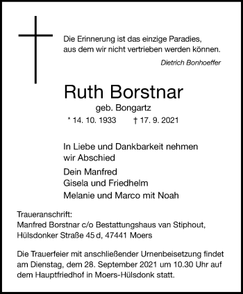 Traueranzeige von Ruth Borstnar von trauer.mein.krefeld.de